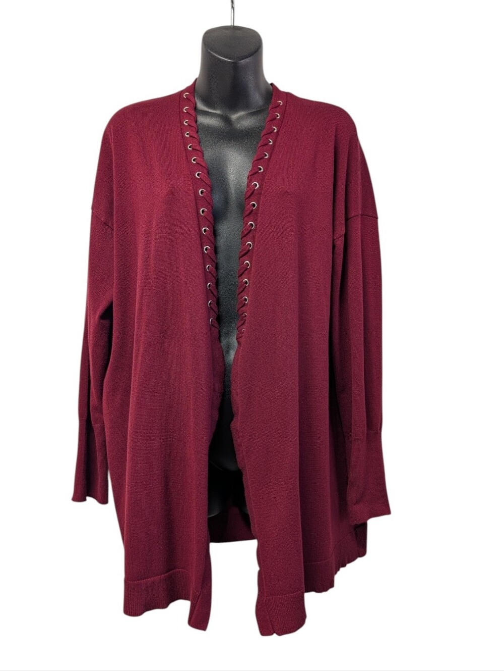 A&J Women's Burgundy Sweater Cardigan Braided Criss-Cross Trim Open Front Size L